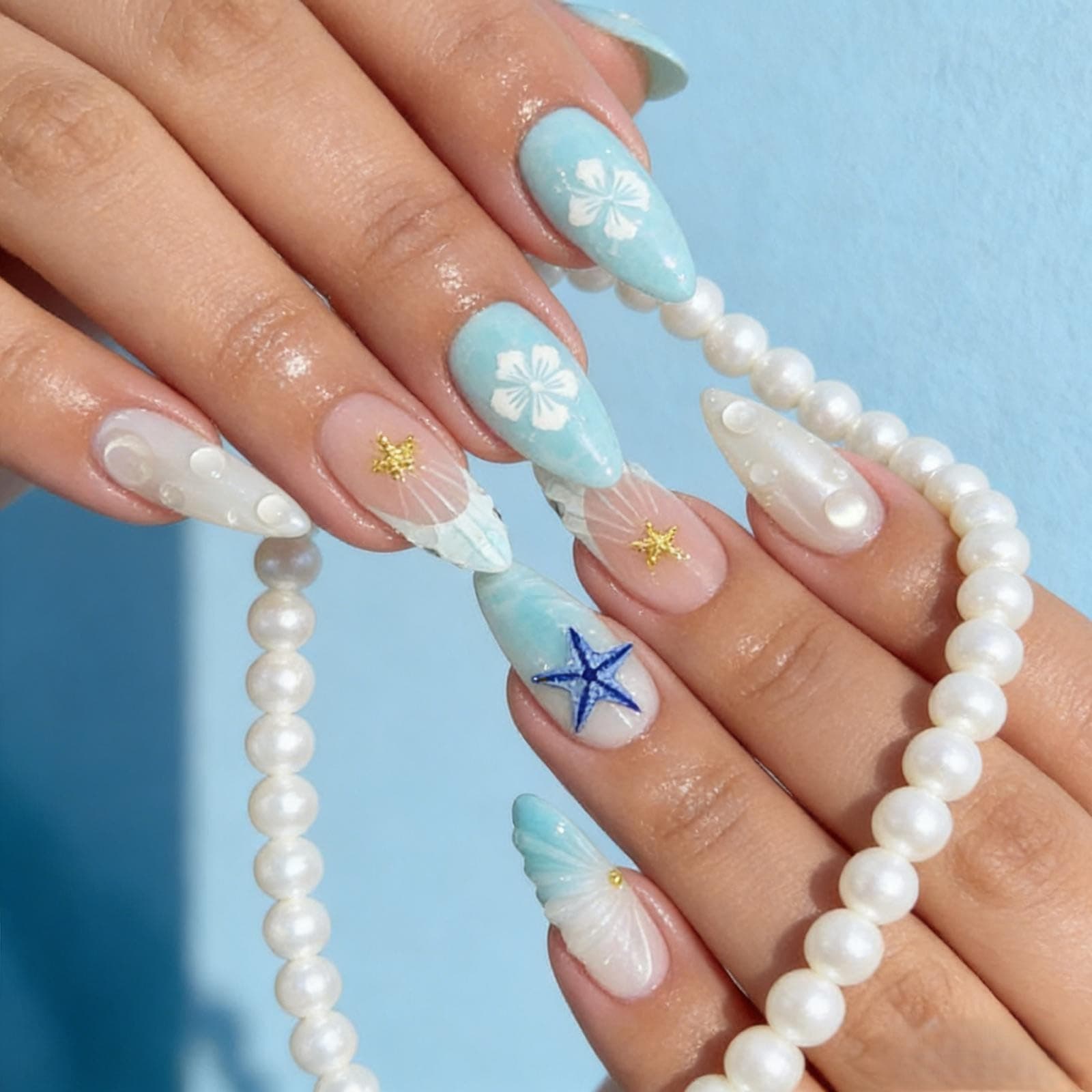 24pcs 3D Mermaid Press On Nails | Blue Ocean Starfish & Shell Design | Medium Almond False Nails 12 Sizes + Nail File + Jelly Glue | Fake Nails for Women Girls thumbnail 4