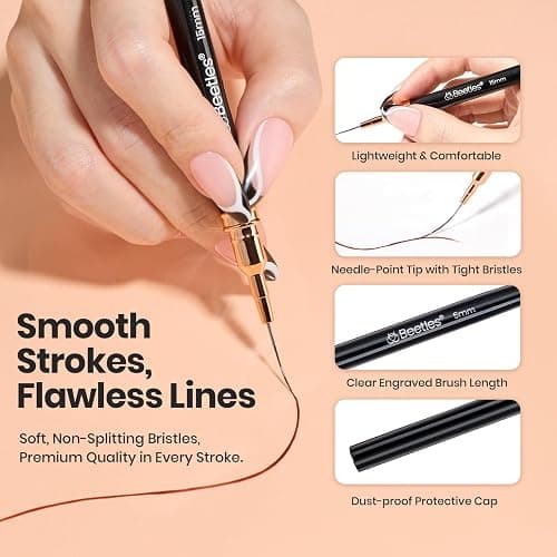 Beetles Liner Brushes for Nails 5pcs, Metallic Nail Art Brushes Black | Nail Liner Brushes Sizes 5/9/15/20/25mm with Palette Holder, Nail Art Pens with Cap, Painting Lines Details Nails Art Tools thumbnail 6