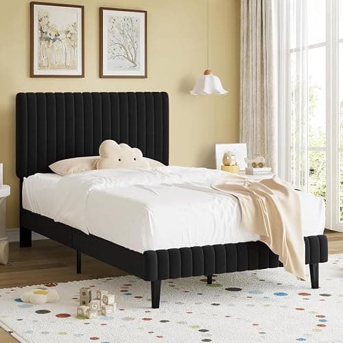 Lullabyre Twin Bed Frame Velvet Upholstered Platform Bed with Adjustable Vertical Channel Tufted Headboard and Footboard, No Box Spring Required, Easy Assembly, Black thumbnail 8