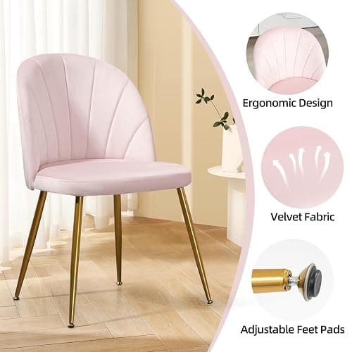 Newnno Velvet Dining Chairs Set of 4, Upholstered Mid Century Modern Dining Chairs, Armless Accent Chair with Metal Gold Legs for Living Room, Kitchen, Dining Room, Pink thumbnail 5