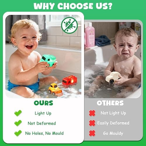 JoiTale Baby Bath Toys, 6 Pack Cars Light Up Bath Toys, No Hole No Mould Bathtub Toy for 1 2 3 Year Olds, Flashing LED Sensory Toy for Toddlers, Bath Time Shower Gifts for Boys and Girls thumbnail 5
