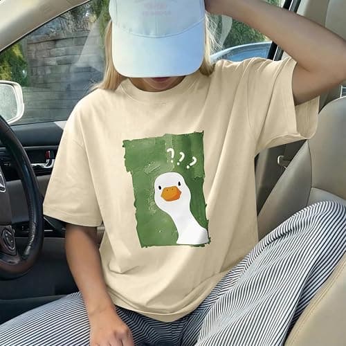 GANGXCHEN Silly Goose Shirt Cute Duck Graphic Tees for Women Funny Tshirts Teen Girls Kawaii Animal Print Tee Tops thumbnail 4