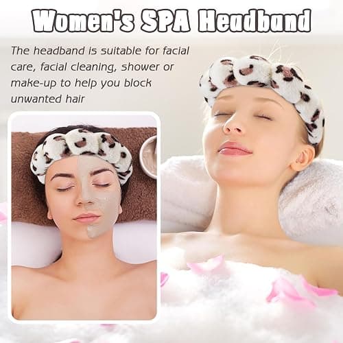 Zkptops Spa Headband for Washing Face Wristband Set Sponge Makeup Skincare Headband Wrist Plush Bubble Get Ready Hairbands for Women Puffy Headwear Non Slip Thick Thin Hair Accessory(Beige Leopard) thumbnail 3