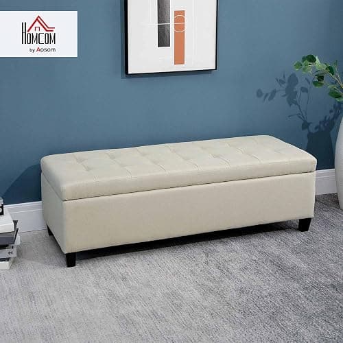 HOMCOM Large 50" Rectangular Storage Ottoman Bench, Tufted Upholstered Linen Fabric Wood Feet Entry Bench, Contemporary Home Decor Beige thumbnail 2