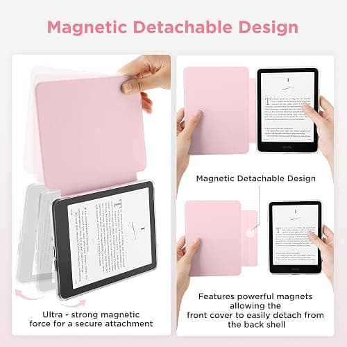 SESENSE Detachable Magnetic Case for 7'' Kindle Paperwhite 12th Gen 2024 and Kindle Colorsoft Signature Edition, Slim PU Shell Cover Case with Auto Wake/Sleep, Pink thumbnail 3
