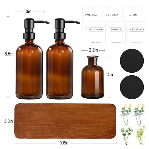 Kitchen Soap Dispenser Set with Wood Riser Tray, Amber Glass Soap Dispenser with Stainless Steel Pump, Hand and Dish Soap Dispenser Set for Kitchen, Soap and Lotion Dispenser Bathroom Decor(Amber) thumbnail 3