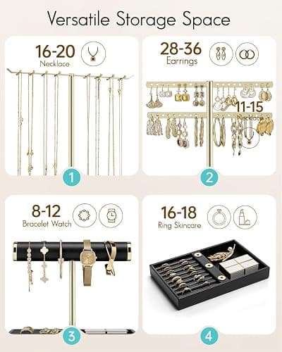 Vlando 3 Tier Jewelry Stand Organizer with Tary, Leather Jewelry Holder Display for Women, Gold Jewlery Holder Display for Necklace, Earring, Bracelet, Rings - Black thumbnail 4