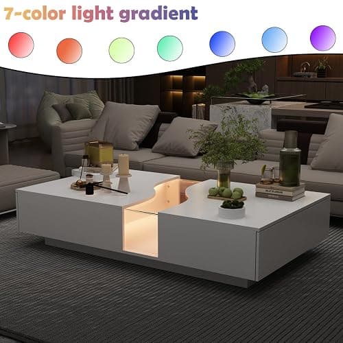 JOIKUJIA Modern Coffee Table with Lights & Glass Tabletop, Central Table with 2 Drawers, for Living Room, White 55.1”W x 31.5”D x 11.8”H thumbnail 4