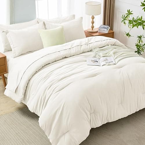 MUXHOMO 7 Pieces Queen Comforter Set, Soft Bed in a Bag Queen Size, All Season Bedding Set with Comforter, Flat Sheet, Fitted Sheet, Pillowcases & Shams, Ivory thumbnail 7