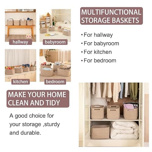 OIAHOMY 4 Pack Storage Baskets for Organizing, Rectangle Cube Storage Bins for Shelves, Woven Baskets With Handles, 12.7''Lx9''Wx7.8''H, Brown, thumbnail 6