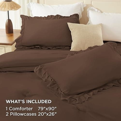 Andency Brown Ruffle Full Size Comforter Set, 3 Pieces | Vintage Farmhouse Shabby Chic, Soft Lightweight Fluffy Bed Comforter Sets, All Season Bedding Set thumbnail 7
