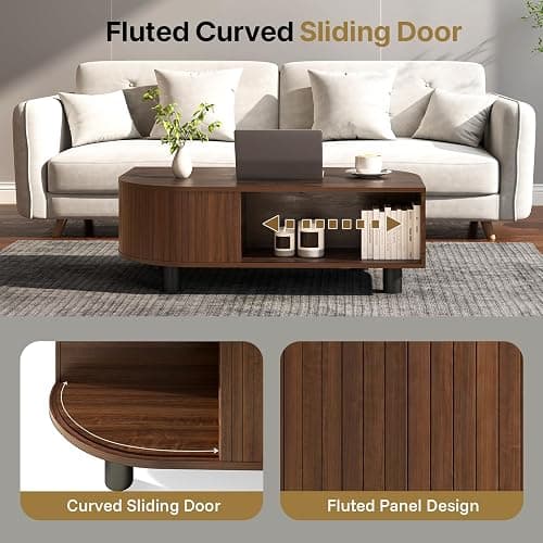 sunmiler Mid-Century Modern 39.4" Coffee Table - Leaf-Shaped Wood Center Table with Storage, Retro Fluted Central Table with Sliding Door & Large Hidden Compartment, for Living Room, Office, Walnut - Walnut thumbnail 5