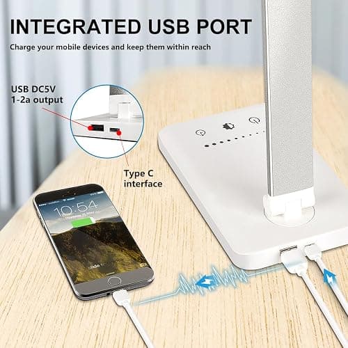 White crown LED Desk Lamp Dimmable Table Lamp Reading Lamp with USB Charging Port, 5 Lighting Modes, Sensitive Control, 30/60 Minutes Timer (White, First-Generation) - Silver - first-generation thumbnail 5