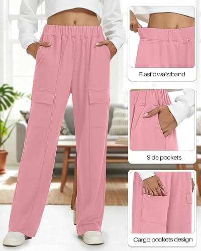 Neer 3 Pack Womens Pants with Cargo Pockets Casual High Waisted Baggy Wide Straight Leg Sweatpants Lounge Joggers Trousers thumbnail 5