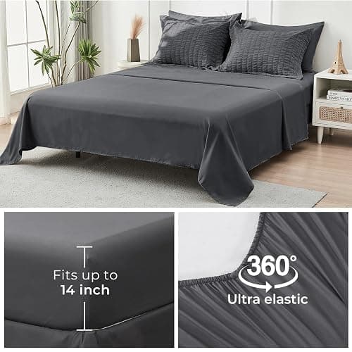 HYMOKEGE Full Size Comforter Sets Seersucker 7 Pieces, All Season Luxury Bed in a Bag for Bedroom, Bedding Set with Comforters, Sheets, Pillowcases & Shams, Dark Grey thumbnail 6