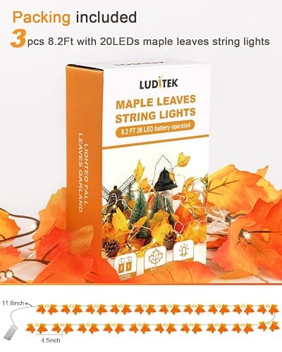 Luditek Fall Decor 3-Pack Fall Leaf Garland with Lights, Total 24.6ft 60 LED Halloween String Lights, Thanksgiving Decorations for Home Holiday Autumn Indoor Friendsgiving Gift thumbnail 7