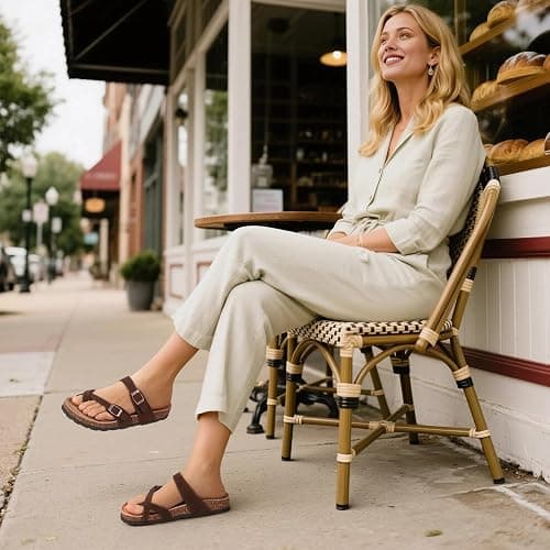 Litfun Women's Genuine Suede Cork Footbed Sandals Comfortable Summer Slides with Adjustable Buckle thumbnail 3