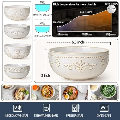Artena Soup Bowls 32 OZ, Cereal Bowls Set of 4, Embossment Ceramic Ramen Bowls, 6.3 Inch White Salad Bowls, Large Dinner Bowls for Pho, Noodle, Pasta, Snacks, Dishwasher Microwave Safe, Damask Floral thumbnail 3