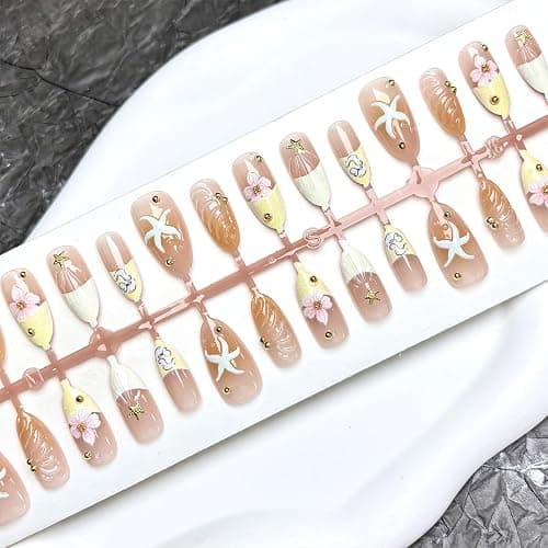 30Pcs Pink Flower Press on Nails Medium Almond French Tip Fake Nails with Gold Shell Starfish Gems Design Handmade False Nails Full Cover Artificial Glue on Nails Hawaii Stick on Nails for Women DIY thumbnail 3