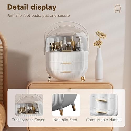 Makeup Organizer Storage Box, Cosmetics Display Case with Transparent Cover, Dust Waterproof Cosmetics Storage Box Suitable for Bathroom Countertop and Bedroom Vanity Dresser (White) thumbnail 5