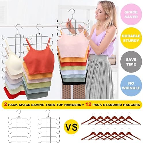 Metal Tank Top Hanger 2 Pack, Space Saving Bra Organizer with 24 Easy Access Hooks, 360° Swivel Closet Organizers and Storage, Apartment College Dorm Room Essentials, Small Space Organization Solution thumbnail 5