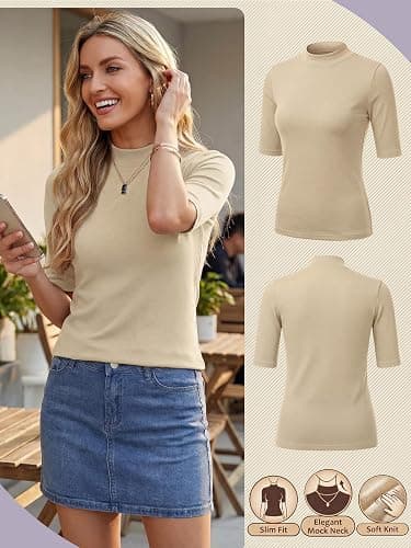 PrinStory Womens Tops Mock Neck Short Sleeve T Shirts Dressy Casual Ribbed Knit Slim Fit Summer Business Going Out Tops 2026 thumbnail 2