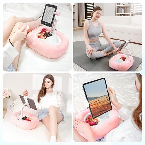 TabHolderix Tablet Pillow Stand, Adjustable Kindle Holder with 2 Snack Bowls, 360° Adjustable iPad Stand for Bed with 4.7''-13'' iPad, Kindle, Phone, Gift for Reading Accessories on Bed, Sofa, Pink thumbnail 2