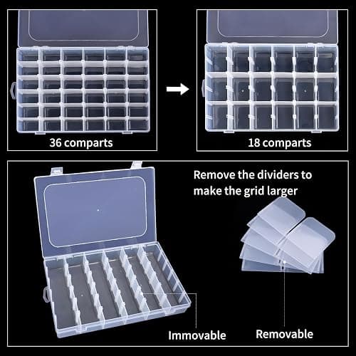 OUTUXED 2 Pack 36 Grids Clear Plastic Bead Organizer Box, Fishing Tackle Box Compartment Organizer with Adjustable Dividers for Jewelry, Art Craft, Bead Storage Containers with 5 Sheets Label Stickers thumbnail 5