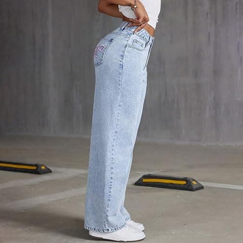 Godalithic Baggy Jeans for Girls Cute Kids Bow Embroidery Wide Leg Denim Pants High Waist Trousers Y2k Tween Clothes 7-13Y thumbnail 6