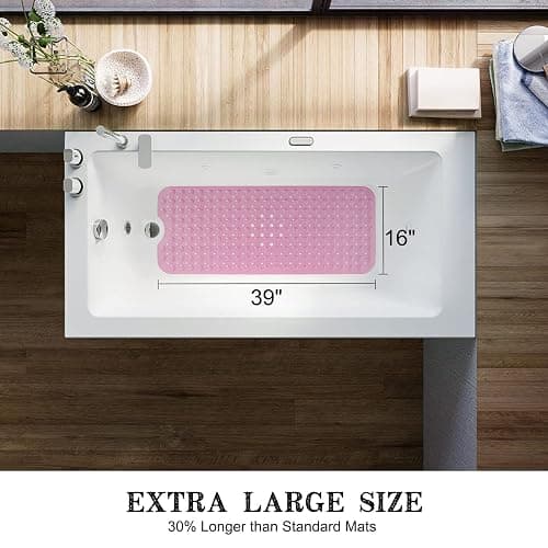 Bathtub and Shower Mats, Extra Long Non-Slip Bath Tub Mat 39 x 16 Inch, Machine Washable Bathmat with Suction Cups & Drain Holes for Bathroom Floor, Pink thumbnail 3
