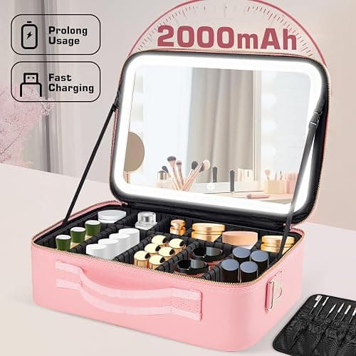 15''X11'' Large Capacity Makeup Bag with LED Mirror, Professional Makeup Case Organizer with 3 Color Light Adjustable Brightness, Travel Make up Cosmetic Case with Detachable Dividers & Shoulder Strap thumbnail 3