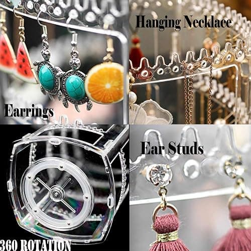 Sooyee 360 Rotating Earring Holder and Jewelry Organizer, 4 Tiers Jewelry Rack Display Classic Stand, 156 Holes and 160 Grooves for Necklaces Earrings Piercings, Clear thumbnail 6