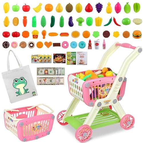 Ming You 2-in-1 Kids Shopping Cart Toy with Pretend Play Foods for Kids | 72pcs Toddler Grocery Cart Set with Fake Money and Shopping Bag for Imaginative Play, Birthday Gift for Girl Ages 3-5 (Pink) - Image 1
