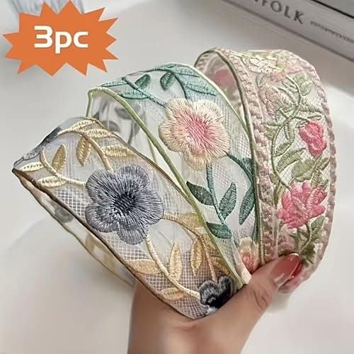 3 Pack Floral Embroidered Headbands for Women Girls, Wide Mesh Lace Boho Hair Bands, Vintage Non-Slip Hair Hoops for Daily Wear Party Vacation Wedding thumbnail 3
