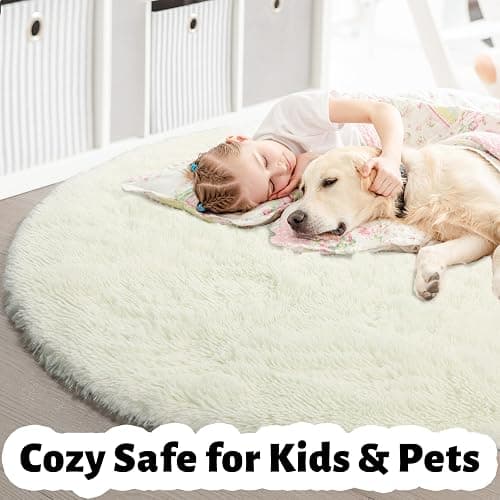 Amdrebio Ivory White Round Rug 4Ft for Kids Bedroom Aesthetic, Fluffy Fuzzy Furry Circle Area Rugs for Living Room Decor, Circular Plush Soft Shaggy Cream Carpet for Baby Nursery Dorm Teen Girls Boys thumbnail 4