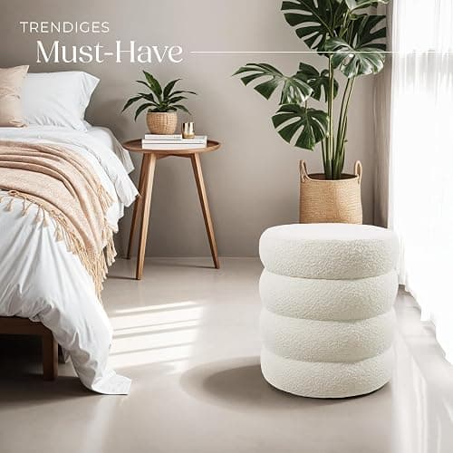 tectake® Hocker mit Stauraum, Scandi Sitzhocker Bouclé Teddy Stoff, Pouf, Polsterhocker rund für Schminktisch, Wohnzimmer Möbel, als Flur Möbel, Stauhocker Wohnen, Ø 42 x 47 cm - Bouclé Creme-weiß thumbnail 9