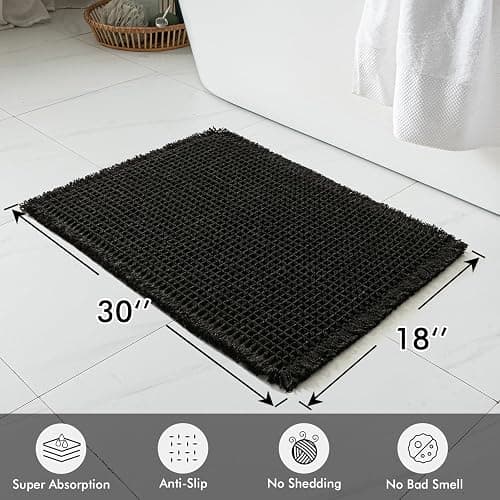 MIULEE Set of 2 Waffle Bathroom Rugs, Boho Bath Rugs Non Slip Washable, Super Absorbent Bath Mats, Ultra Soft Rubber Backed Shower Mats for Bathroom Floor, Tub and Shower, Black, 18x30 Inch thumbnail 2