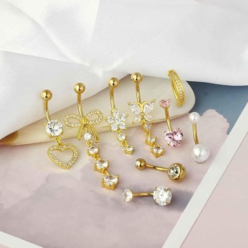 14G Belly Button ring Dangle Belly Rings Surgical Stainless Steel Cute Bow Butterfly Heart Flower Dangling Belly Button Piercing Jewelry For Women Silver Dainty Dangly Navel Ring thumbnail 3
