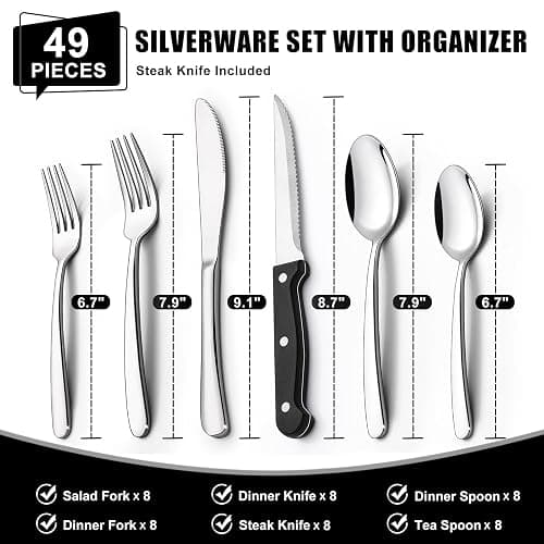 49-Piece Silverware Set with Organizer, Heavy Duty Stainless Steel Flatware for 8, Cutlery Utensil Sets with Steak Knives, Rust-proof, Mirror Polished, Dishwasher Safe thumbnail 2