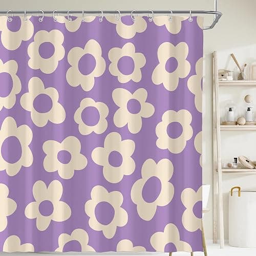 Visioun Purple Cute Retro Floral Abstract Flower Shower Curtain for Bathroom 72W*72H Inch 70s Lovely Vintage Aesthetic Funky Bathtub Decor Modern Trendy Waterproof Polyester Fabric Set with 12 Hooks thumbnail 3
