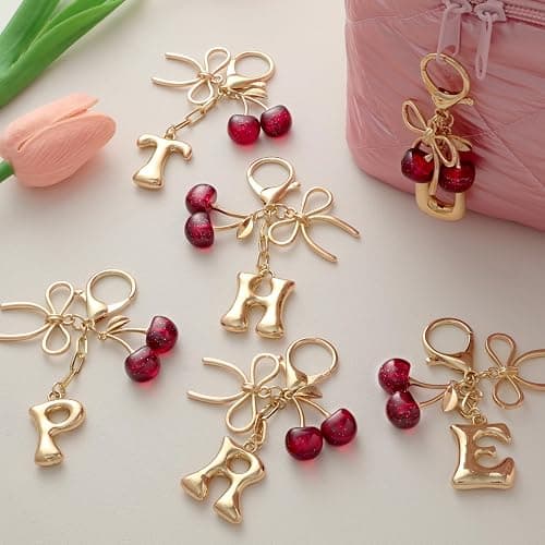 Snycler Bubble Initial Keychain with Bow & Cherry - Gold Letter Bag Charms for Women, Cute Purse Handbag Accessories thumbnail 4
