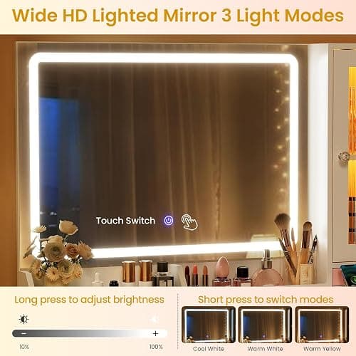 MSmask Makeup Vanity Desk with Mirror and Lights & Large LED Cabinet, Vanity Table with 2 Jewelry Boxes, 6 Drawers & Shelves, Dressing Table with Power Outlets for Women Girls Bedroom, White thumbnail 6