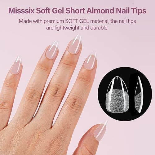Misssix Short Almond Gel Nail Tips Kit, 216Pcs Pre Etched Clear Fake Nails, Full Cover False Nail 9-in-1 Gel Glue and Portable Mini U V Nail Lamp for Women 12 Sizes thumbnail 6