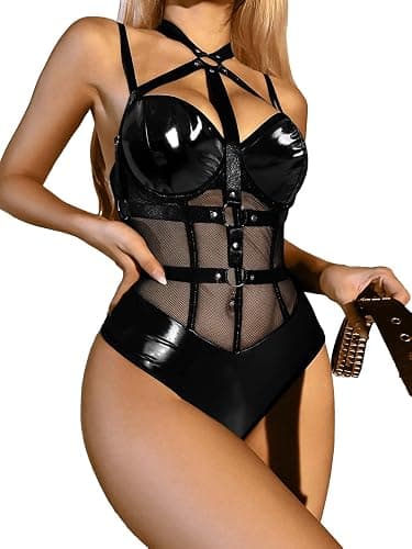 Lilosy Sexy Crisscross Choker Leather Pu Underwire Babydoll Women Harness Teddy Bodysuit Nightshirt One Piece thumbnail 3
