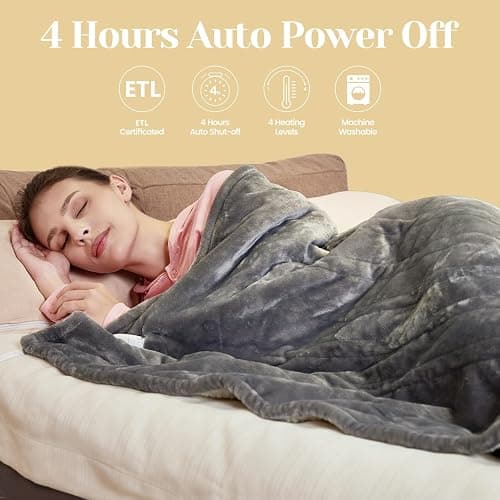 Electric Heated Blanket Throw, Soft Cozy Bszone Flannel Heating Blanket 50"×60" Fast Heating Machine Washable with 4 Heat Levels & 4 Hours Auto Off, Grey thumbnail 3