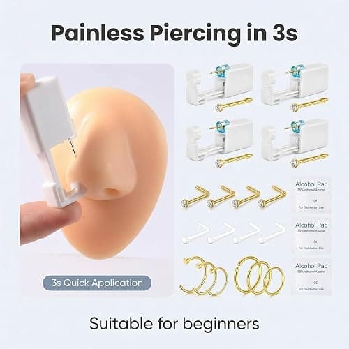 DJCIW 22PCS Nose Piercing Kit, Nose Piercing Guns with Preloaded 316L Stainless Steel 20G Nose Studs, UV Nose Screw Studs, and Nose Hoop Rings 6mm 8mm 10mm for Men Women Nose Piercing Golden thumbnail 4
