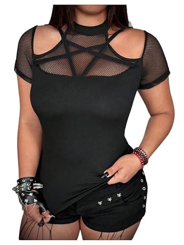 SHENHE Women's Plus Size Fishnet T Shirts Cutout Short Sleeve Punk Tees | Grunge, Clubwear Concert Outfit,Halter Neck,Streetwear Tops - Image 1