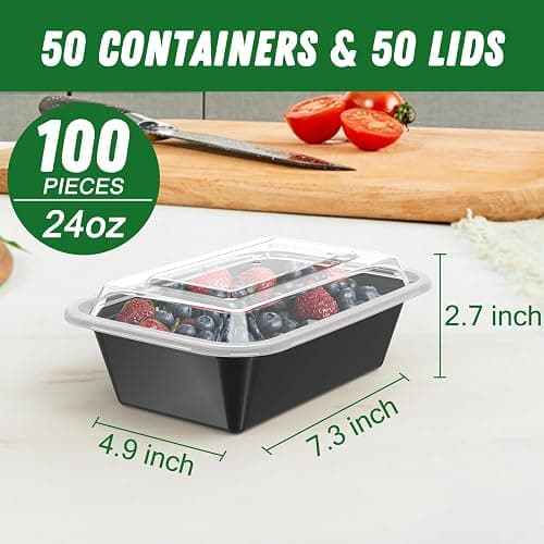 Dealusy 50 Pack (100-Piece) 24 oz Meal Prep Containers Reusable with Lids, Sturdy Leakproof & Food Safe, Microwave, Freezer, Dishwasher Safe Prep Containers, To Go Take Out Plastic Food Storage thumbnail 3