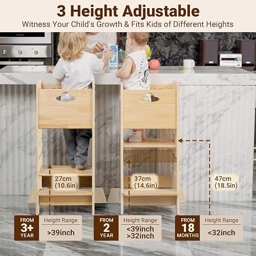 COSYLAND Toddler Standing Tower Adjustable Height - Super Stable Kids Kitchen Stool Helper with Protive Panel - 3 Levels Adjustable Wooden Toddler Kitchen Stool (All Natural) thumbnail 4