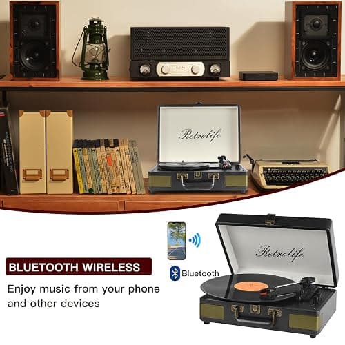 Retrolife Record Player 3 Speed Bluetooth Portable Suitcase Vinyl Player with Built-in Speakers Turntable Enhanced Audio Sound PU Leather Vintage thumbnail 2